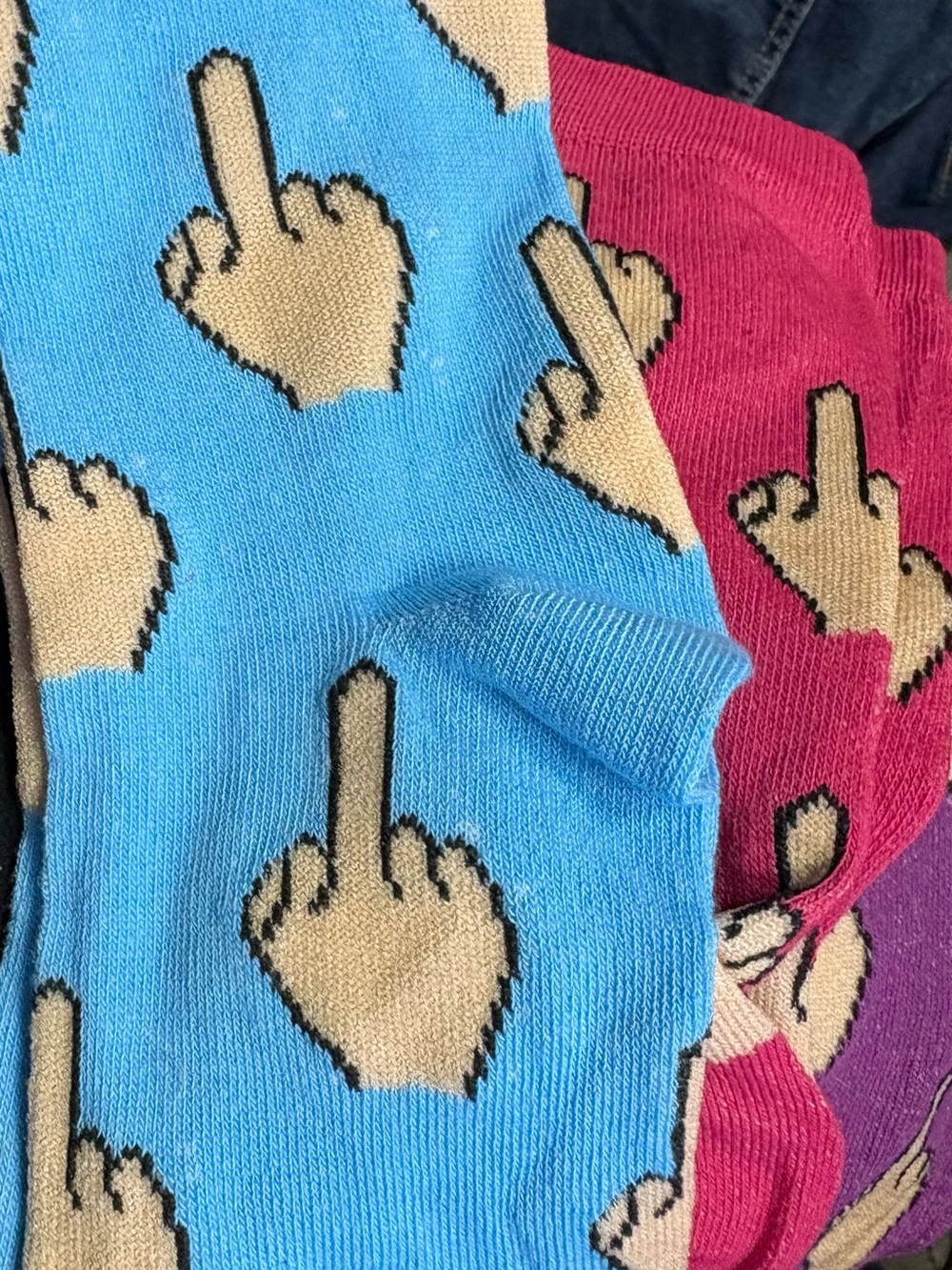 Novelty Middle Finger Pattern Socks - Blue & Pink , purple